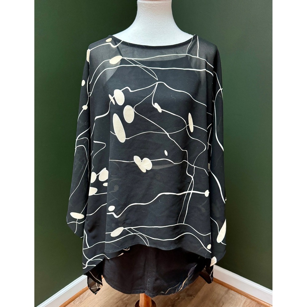 Ashley Stewart Black Abstract Print Sheer Overlay Blouse
